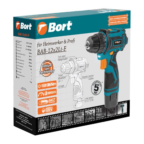 Дрель-шуруповерт аккумуляторная Bort BAB-12x2Li-F