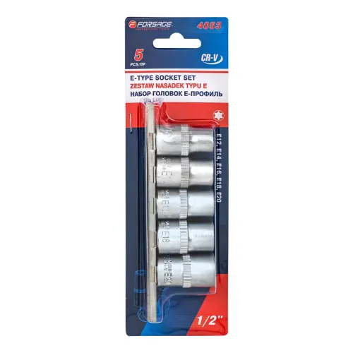 Набор головок Е-профиль 5пр. 1/2''(E12,E14,E16,E18,E20), на планке