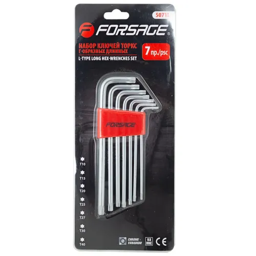 Набор ключей TORX Г-образных длинных, 7пр.(Т10,Т15,Т20,Т25,Т27,Т30,Т40) в пластиковом держателе