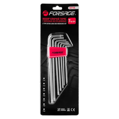Набор ключей TORX Г-образных экстра длинных 7пр.(Т10,Т15,Т20,Т25,Т27,Т30,Т40) в пластиковом держателе
