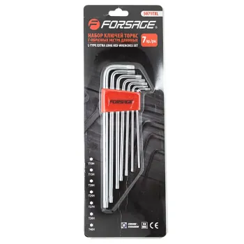Набор ключей TORX Г-образных экстра длинных с отверстием 7пр.(Т10Н,Т15Н,Т20Н,Т25Н,Т27Н,Т30Н,Т40Н) в пластиковом держателе