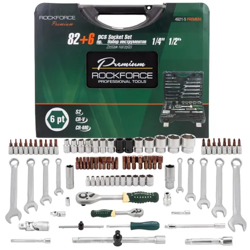 Набор инструментов 82+6пр.1/4''1/2''(6гр.)+(головка-бита 1/4''T40, биты 5/16'': М8,10,12,14,головки 1/2'': 10,12,13мм,ключи комбинир.:15,16мм)