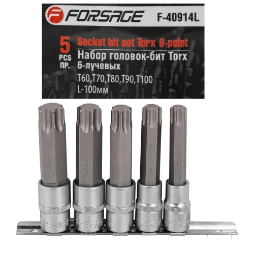Набор головок-бит Torx 6-лучевых, 5 пр.(Т60,Т70,Т80,Т90,Т100, L-100мм) 1/2'', на планке