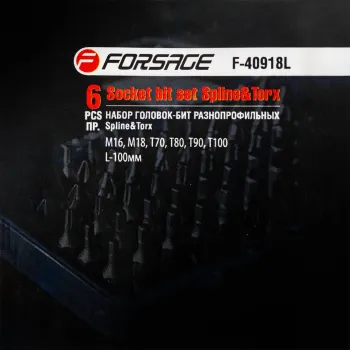 Набор головок-бит разнопрофильных Spline&Torx, 6 пр.(М16, М18,Т70,Т80,Т90,Т100, L-100мм) 1/2'', на планке