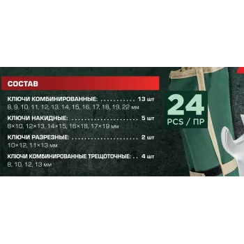 Набор ключей универсальный 24пр,комбинированные 13пр(8-22мм)накидные75гр(8х10-17х19мм)разрезные 2пр(10х12,11х13мм)трещоточные 4 пр(8-13мм) на полотне