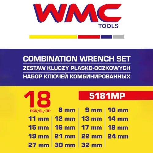 Набор ключей комбинированных 18пр. (8-19, 21, 22, 24, 27, 30, 32мм),в пластиковом держателе