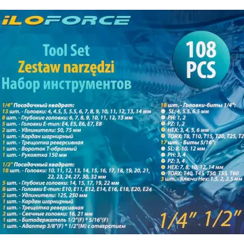 Набор инструментов 108пр. 1/2'', 1/4''(6гр.)(4-32мм)