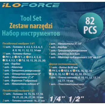 Набор инструмента 82пр.1/4''&1/2''(6-гр.)(4-32мм)
