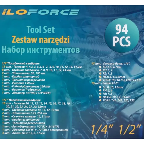 Набор инструмента 94пр. 1/4''&1/2''(6-гран.)(4-32мм)