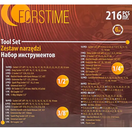 Набор инструментов 216пр. 1/4''3/8''1/2''(6гр, 12гр)