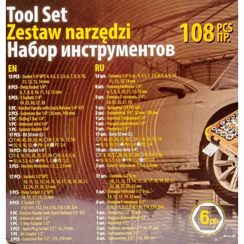 Набор инструментов 108пр. 1/2'', 1/4''(6гр.)(4-32мм)