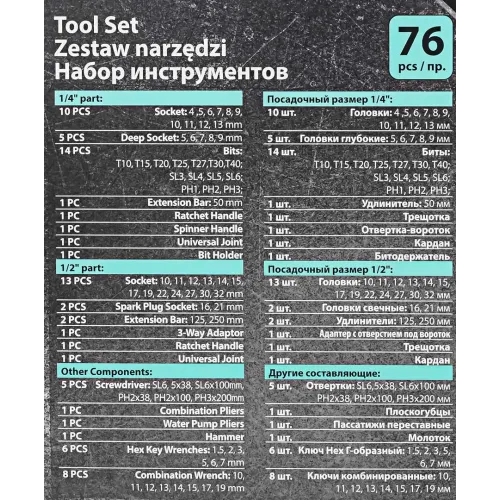Набор инструментов PROFI 76пр. 1/4'',1/2''(6гр)(4-32мм)