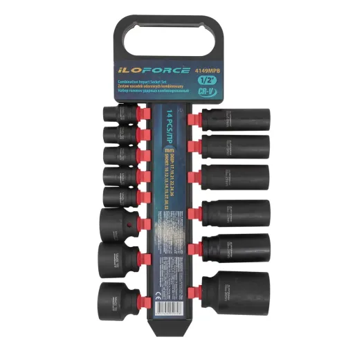 Набор головок ударных комбинированный 14пр.,1/2''(короткие:10,12-15,27,30,32мм,глубокие:17,19,21,22,24,36мм),на пластиковом держателе
