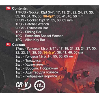 Набор инструментов 3/4 '',26 пр.(12гр.)(17,19,21,22,24,27,30,32,33,34,35,36,(36-6гр),38,41,46,50-3/4'',55,60,65мм-1''),в кейсе