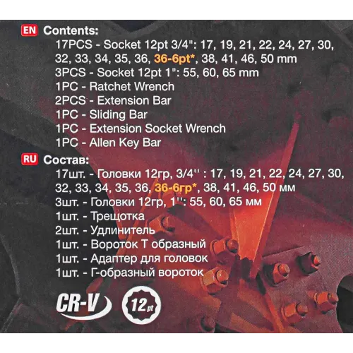 Набор инструментов 3/4 '',26 пр.(12гр.)(17,19,21,22,24,27,30,32,33,34,35,36,(36-6гр),38,41,46,50-3/4'',55,60,65мм-1''),в кейсе