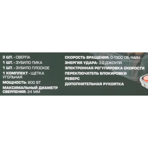 Перфоратор электрический (сверла 6, 8, 10х140мм, зубило плоское20х220мм, пика, уголь-е щетки,220V,50/60Гц,800W,0-1300 об/мин,2.8Дж, max Ø сверл. -24мм