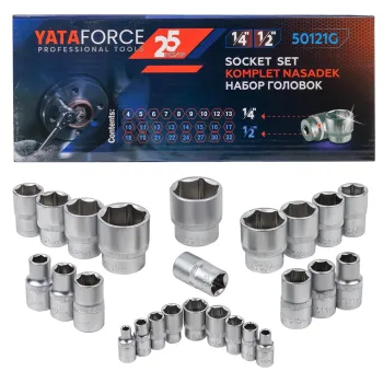 Набор головок 1/4'', 1/2'', 25пр. (6гр.)(1/2'': 10,11,12,13,14,15,16,17,18,19,21,22,24,27,30,32мм. 1/4'': 4,5, 6,7,8,9,10,12,13мм.)в метал.кейсе