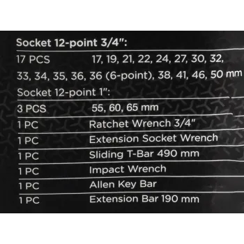 Набор инструментов ударных 26пр, 3/4''1''(12гр.) (17,19,22,24,27,30,32,33,34,35,36,36-6гр,38,41,46,50мм,1'':55,60,65мм)