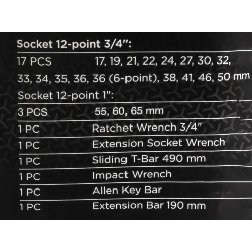 Набор инструментов ударных 26пр, 3/4''1''(12гр.) (17,19,22,24,27,30,32,33,34,35,36,36-6гр,38,41,46,50мм,1'':55,60,65мм)