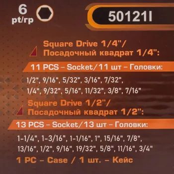 Набор 25пр. дюймовых головок 1/4'', 1/2''