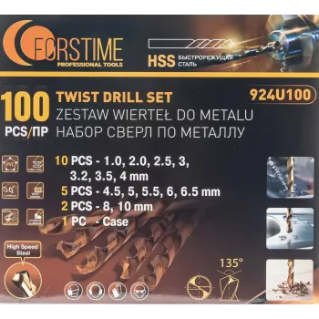 Набор сверл по металлу,100пр.(1,2,2.5,3,3.2,3.5,4-по 10шт,4.5,5,5.5,6,6.5-по 5шт,8,10-по 2шт)в кейсе