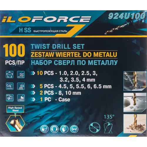 Набор сверл по металлу,100пр.(1,2,2.5,3,3.2,3.5,4-по 10шт,4.5,5,5.5,6,6.5-по 5шт,8,10-по 2шт)в кейсе