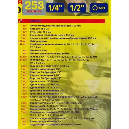Набор инструментов 253пр. 1/4'', 1/2''6гр. (4-22мм) с комплектом пластиковых ложементов