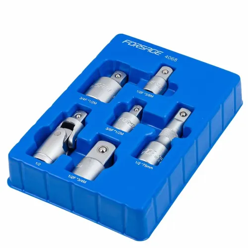 Набор адаптеров 6пр(3/8''(F)x1/2''(M),1/2''(F)x3/8''(M),1/2''(F)x3/4''(M),3/4''(F)x1/2''(M),удлинитель 125мм, кардан 1/2''),в ложементе