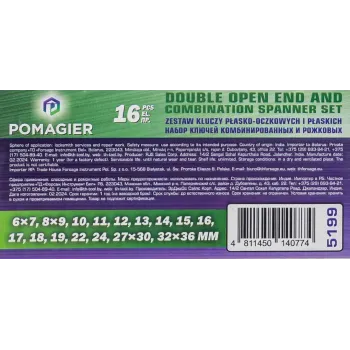 Ключи комбинированные и рожковые, набор 16пр. (6х7,8х9,10-19,22,24,27х30,32х36мм) на полотне