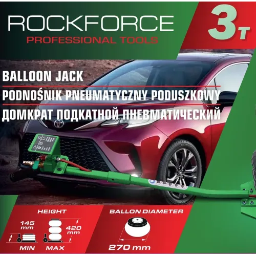 Домкрат подкатной пневматический 3т(h min 145мм, h max 420мм, 3 подушки, Ø270мм)