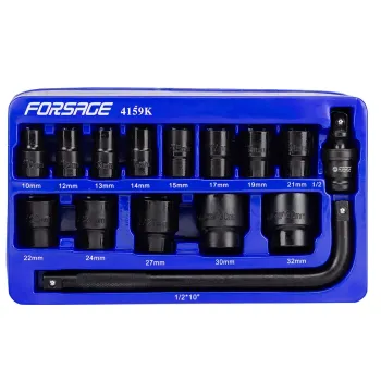 Набор головок ударных 15пр. 1/2''(6-гр.) (10,12, 13, 14, 15, 17, 19, 21, 22, 24, 27, 30, 32мм) в ложементе