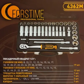 Набор инструментов 36пр. 1/2''(6гр.) (8-32мм, Cr-V), в металлическом кейсе