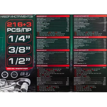 Набор инструментов 216пр.+3 1/4''3/8''1/2''(6гр, 12гр)