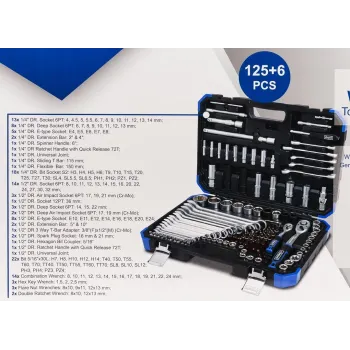 Набор инструментов 125+6пр.1/4''1/2''(6-гран.)(4-36мм,36-12гр.)+(ключи трещоточные:8х10,12х13мм, ключи резрезные:8х10,9х11,12х13мм)