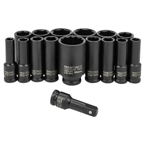 Набор головок ударных глубоких 16пр.1/2''(6-гр.)(10,12-17,19,21,22,24,27,30,32мм(36мм-12гр)+удлинитель 75мм),в кейсе