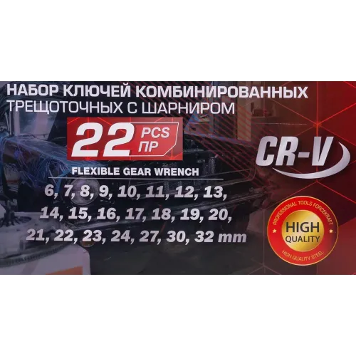 Набор ключей комбинированных трещоточных с шарниром 22пр.