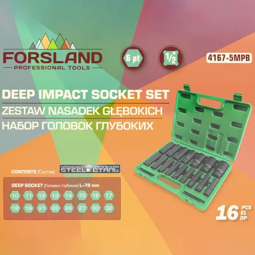 Набор головок ударных глубоких 16пр. 1/2'' 6гр.(10-19,21,22,24,27,30,32мм)в кейсе