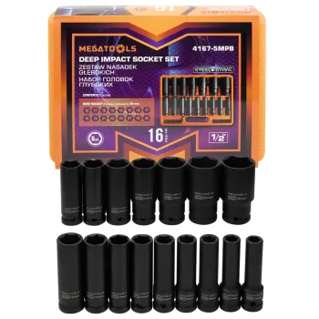 Набор головок ударных глубоких 16пр. 1/2'' 6гр.(10-19,21,22,24,27,30,32мм)в кейсе