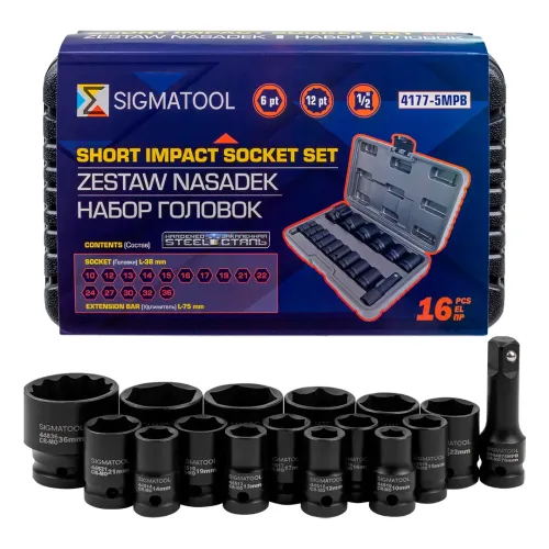 Набор головок ударных коротких 16пр.1/2''(6-гр.)(10,12-17,19,21,22,24,27,30,32мм(36мм-12гр)+удлинитель 75мм),в кейсе