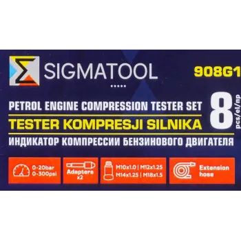 Индикатор компрессии бензинового двигателя 8пр.(0-20Bar, М10х1.0, М12х1.25, М14х1.25, М18х1.5 + 2 жестких прижимных адаптера-переходника),в кейсе