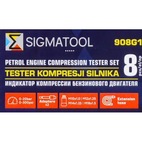 Индикатор компрессии бензинового двигателя 8пр.(0-20Bar, М10х1.0, М12х1.25, М14х1.25, М18х1.5 + 2 жестких прижимных адаптера-переходника),в кейсе