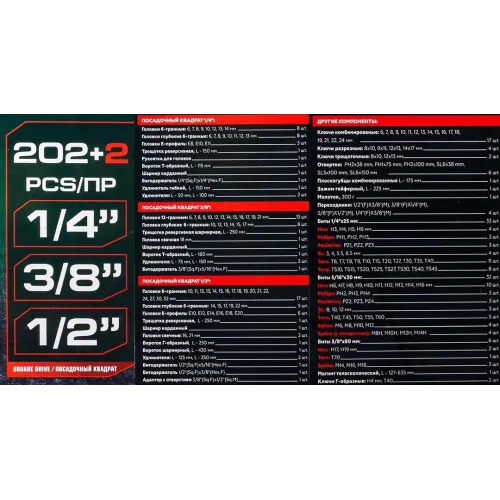 Набор инструментов 202+2пр. 1/4'', 3/8'', 1/2''(6гр.,12гр.)