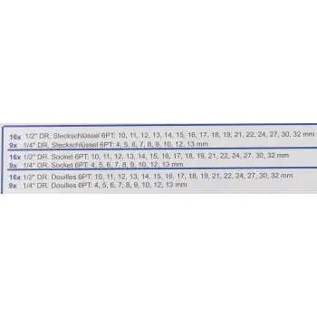 Набор головок 1/4'', 1/2'', 25пр. (6гр.)(1/2'': 10,11,12,13,14,15,16,17,18,19,21,22,24,27,30,32мм. 1/4'': 4,5, 6,7,8,9,10,12,13мм.)в метал.кейсе