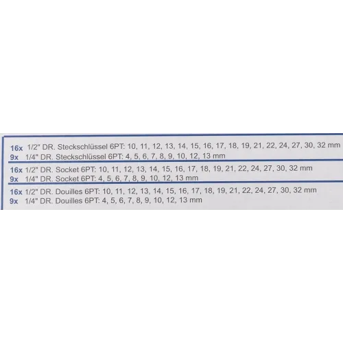 Набор головок 1/4'', 1/2'', 25пр. (6гр.)(1/2'': 10,11,12,13,14,15,16,17,18,19,21,22,24,27,30,32мм. 1/4'': 4,5, 6,7,8,9,10,12,13мм.)в метал.кейсе