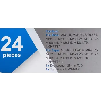 Набор метчиков и плашек метрический 24пр. (М5х0.8/0.9, М6х0.75/1, М8х1/1.25, М10х1.25/1.5, М12х1.5/1.75)