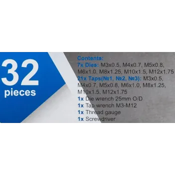 Набор метчиков и плашек 32 пр(М3х0.5,М4х0.7,М5х0.8,М6х1,М8х1.25,М10х1.5,М12х1.75)
