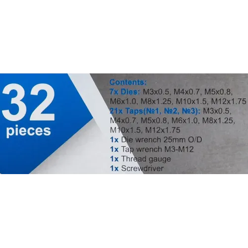 Набор метчиков и плашек 32 пр(М3х0.5,М4х0.7,М5х0.8,М6х1,М8х1.25,М10х1.5,М12х1.75)