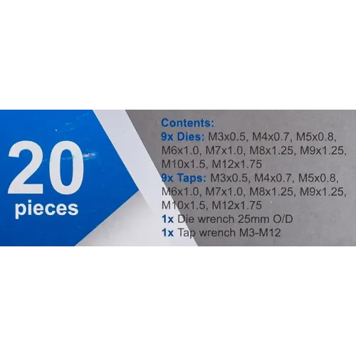 Набор метчиков и плашек метрический 20пр. (М3х0.5, М4х0.7, М5х0.8, М6х1, М7х1, М8х1.25, М9х1.25, М10х1.5, М12х1.75)