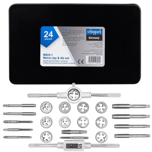 Набор метчиков и плашек метрический 24пр. (М5х0.8/0.9, М6х0.75/1, М8х1/1.25, М10х1.25/1.5, М12х1.5/1.75)