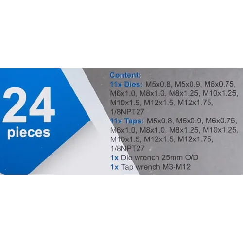 Набор метчиков и плашек метрический 24пр. (М5х0.8/0.9, М6х0.75/1, М8х1/1.25, М10х1.25/1.5, М12х1.5/1.75)
